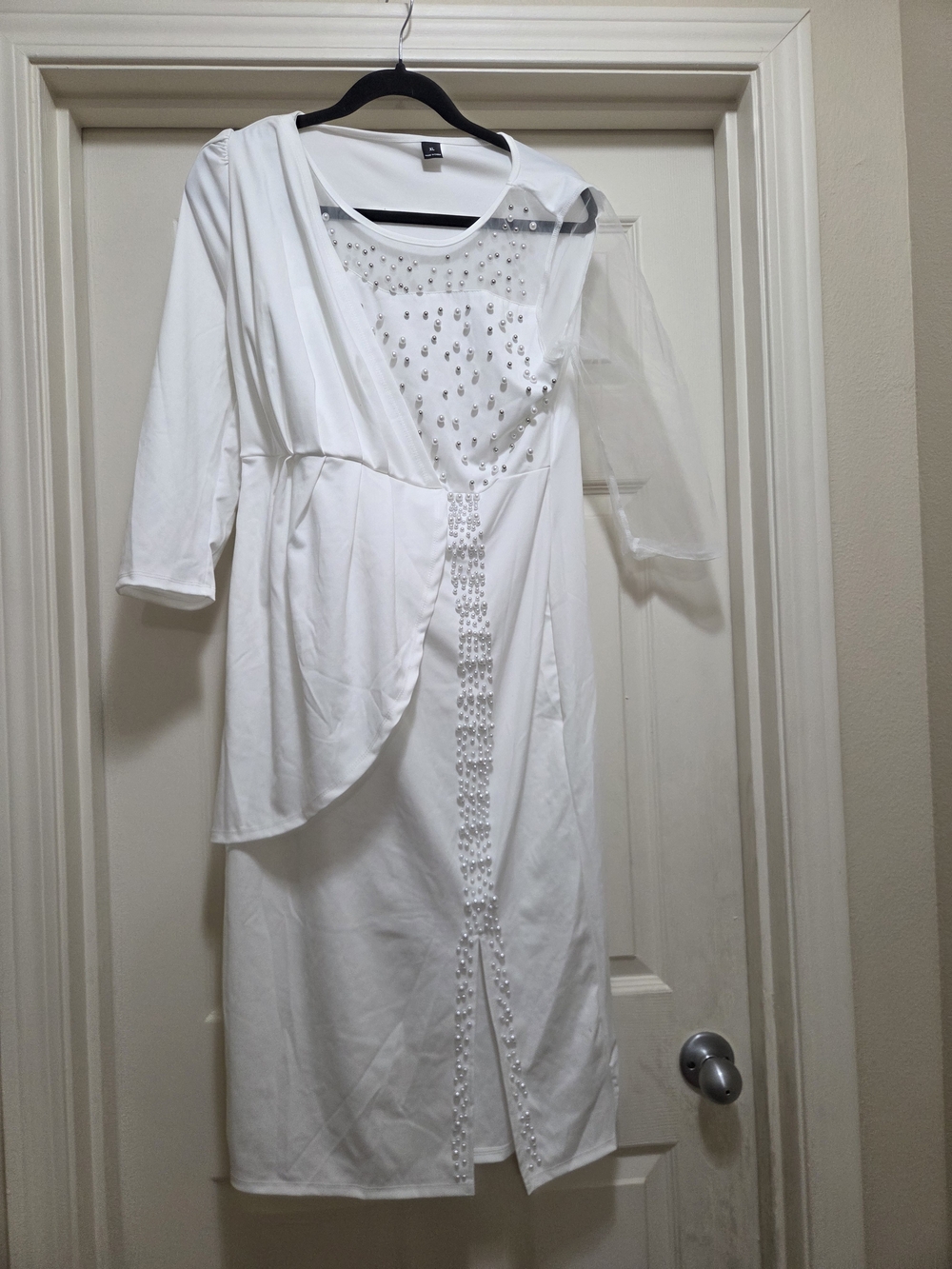 SHEIN White Midi Dress with Draped Overlay and Beaded Front